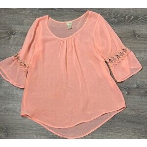 Daytrip Buckle Top Bell Sleeve Crochet Sheer Blouse Peach Large Romantic Peasant